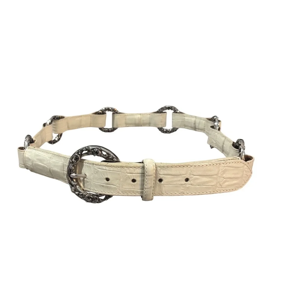 Brighton White‎ Croc Embossed Leather Link Belt Silver Ornate Buckle Size 34